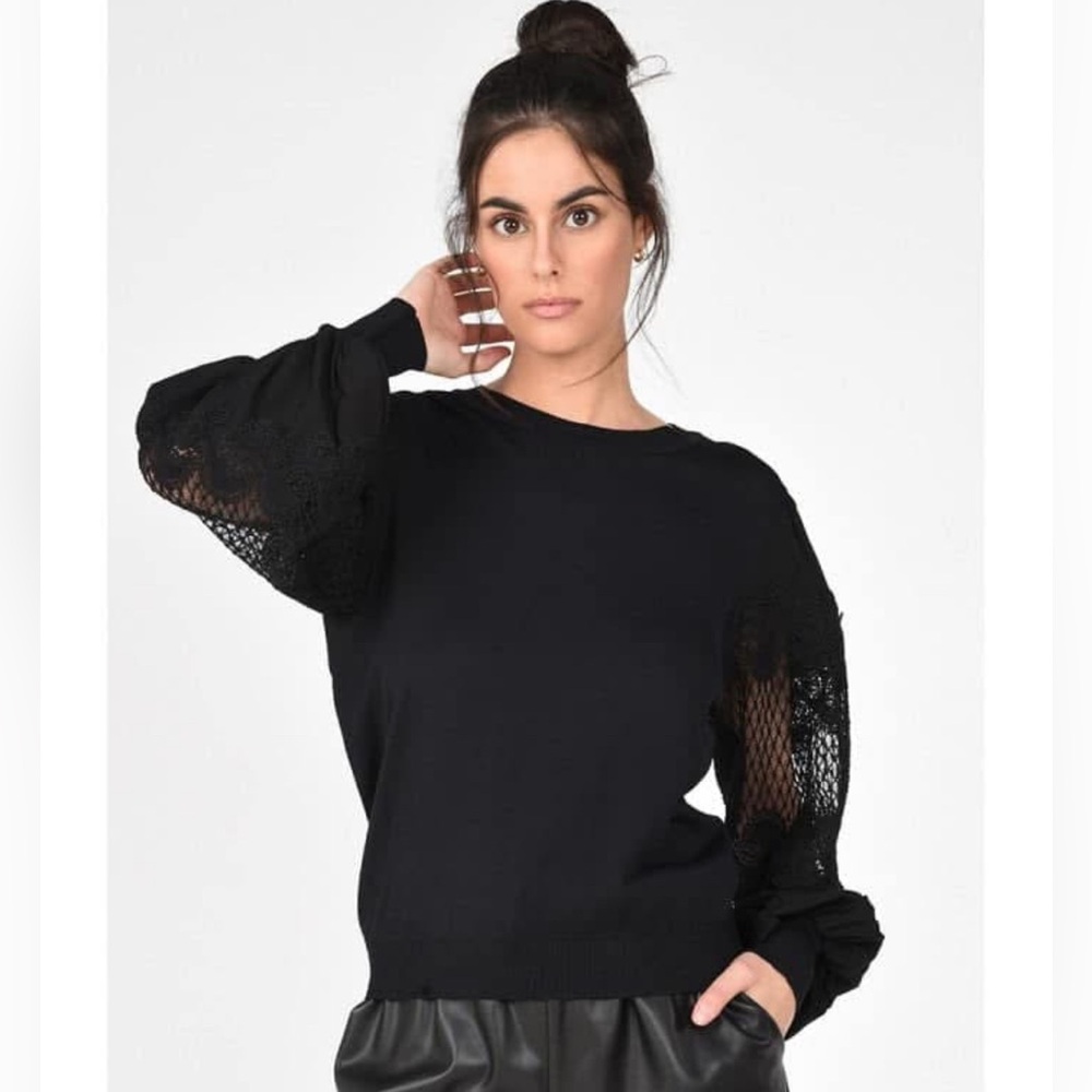 Molly Bracken Black Crew Neck Sweater with Lace Sleeves